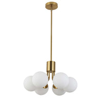 Luminaire suspendu Amanda de Dainolite en verre blanc opale, avec fini laiton vieilli et 6 ampoules