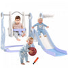 Qaba Ensemble toboggan et balancoire 4 en 1 avec panier de basket-ball, grimpeur, balancoire pour bebe, aire de jeux interieure pour garcons et filles, theme fusee, bleu clair