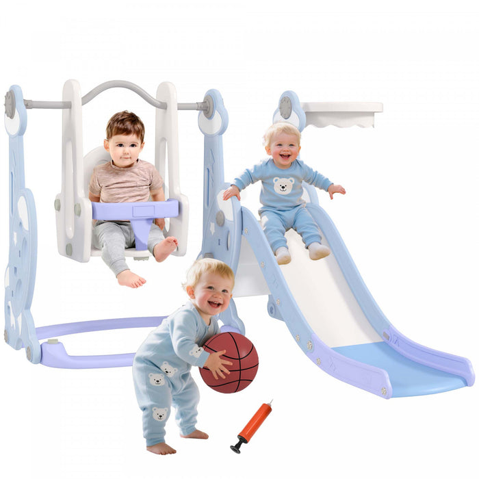 Qaba Ensemble toboggan et balancoire 4 en 1 avec panier de basket-ball, grimpeur, balancoire pour bebe, aire de jeux interieure pour garcons et filles, theme fusee, bleu clair