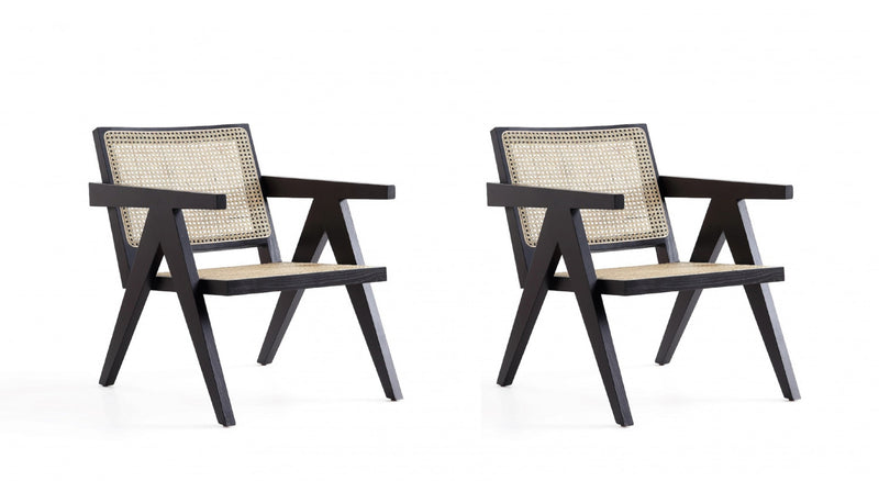 Fauteuil d’appoint industriel chic Hamlet avec dossier en cannage, bois noir et naturel – Lot de 2