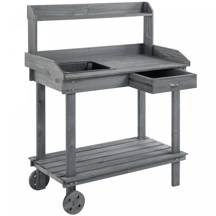 Outsunny Table De Travail En Bois Rempotage 36\" Avec 2 Roues Amovibles Gris