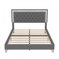  Cadre De Lit Sophia Tapisse Avec Eclairage Led Et Tete De Lit Capitonnee En Velours, Taille Queen, Gris