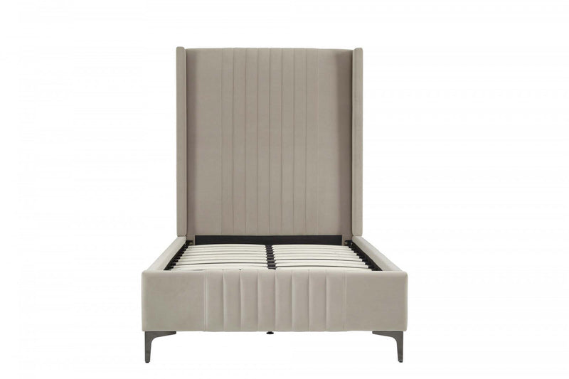 Lit jumeau Promenade de style mi-siecle moderne en velours capitonne, finition taupe rustique