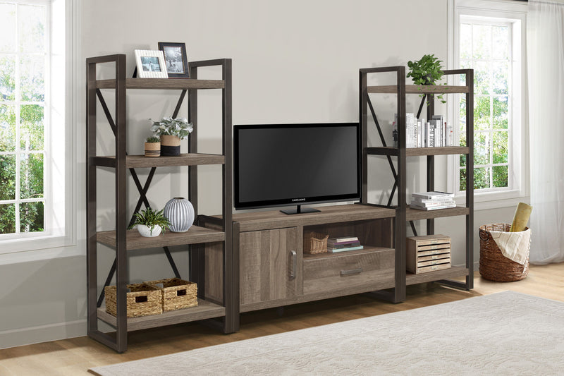 Meuble de TV 51 Pouces Bassett Avec Rangement, Faux Bois Et Metal Gris Foncé