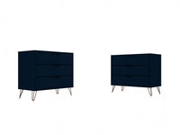  Commode Rockefeller Mid-Century Modern 89 cm en bleu minuit (3 tiroirs) – Lot de 2