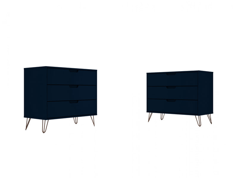 Commode Rockefeller Mid-Century Modern 89 cm en bleu minuit (3 tiroirs) – Lot de 2