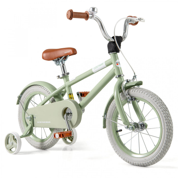 Costway 14\" Velo Pour Enfants Avec Guidon Reglable De Selle Roues D'entrainement Amovibles Frein A Main Vert