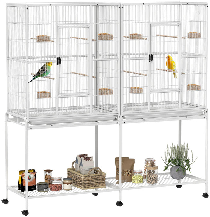 PawHut - Grande cage pour oiseaux de 64\" avec support roulant detachable, etagere de rangement, perchoirs en bois et mangeoires, blanc