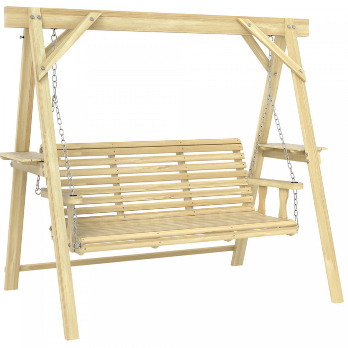 Outsunny Balancelle 3 Places avec Support et Tables Laterales, Bois Naturel