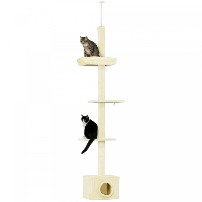 Pawhut Arbre A Chat Du Sol Au Plafond Avec Griffoir Pour Chats D'interieur, Tour A Chat Reglable En Hauteur (91-102 Pouces) Avec Niche, Lit, Beige