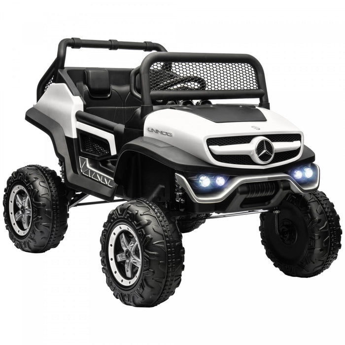 Aosom Camion Jouet Sous Licence Mercedes-benz, Vehicule Electrique Alimente Par Batterie 12 V Avec Telecommande 2,4 G, Suspension A Ressort A 3 Vitesses, Lumieres Led, Mp3, Musique, Klaxon, Blanc