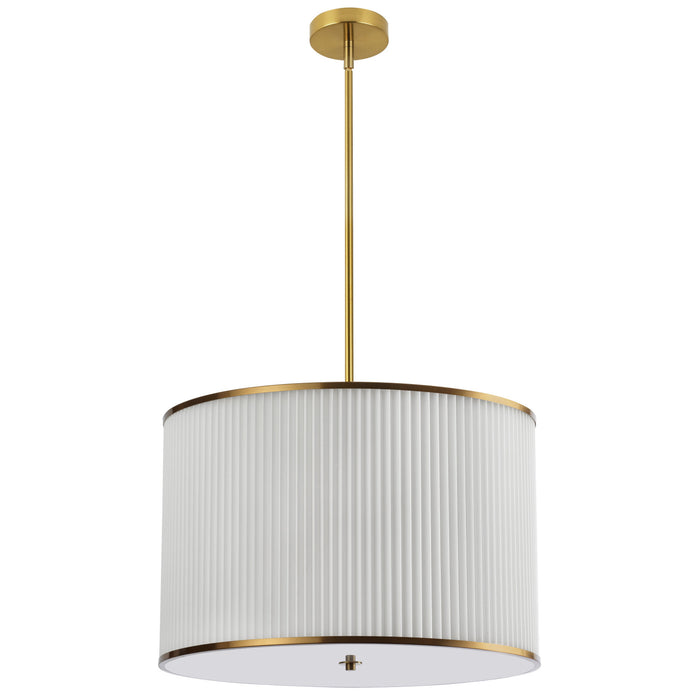 Luminaire suspendu Prudy de Dainolite avec abat-jour plissé blanc, fini laiton vieilli et 4 ampoules