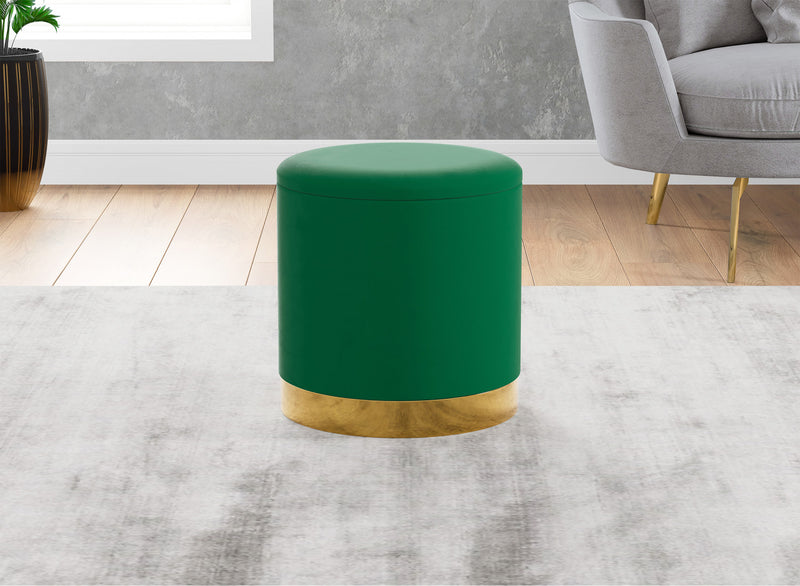 Pouf cylindrique en velours - siège avec revêtement vert forêt avec base en métal doré