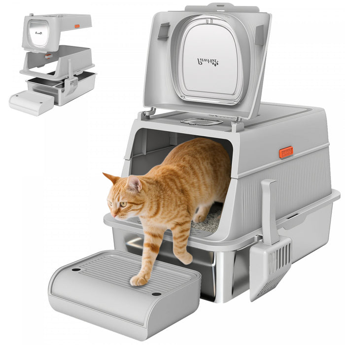 XL Stainless Steel Cat Litter Box with Flip Cover, Pedal