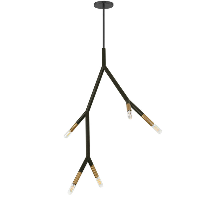 Luminaire suspendu Morgan de Dainolite avec fini noir mat et laiton vieilli et 5 ampoules
