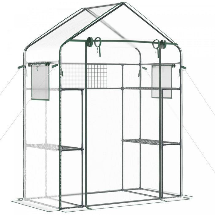 Outsunny Mini Serre, Serre De Plain-pied Avec 4 Etageres, Porte Enroulable