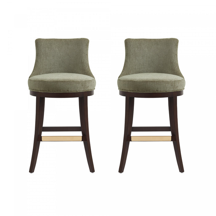 Tabouret de bar moderne Lucia en bois et tissu chenille vert feuille - Lot de 2