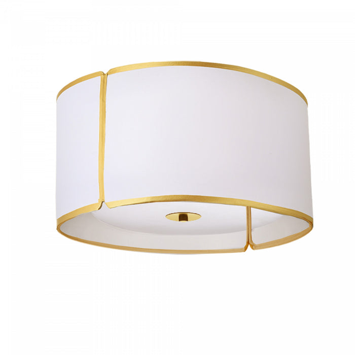Plafonnier affleuré de Dainolite avec abat-jour cylindrique blanc à encoches qui diffuse la lumière, fini doré et 3 ampoules