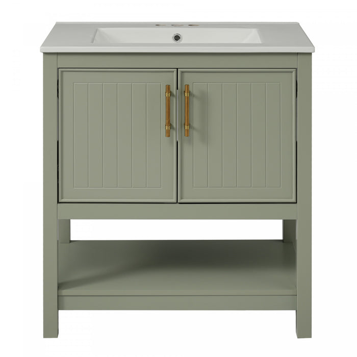 Simona Meuble-lavabo En Bois Massif 30\" Avec Vasque En Ceramique Et Espace De Rangement - Vert