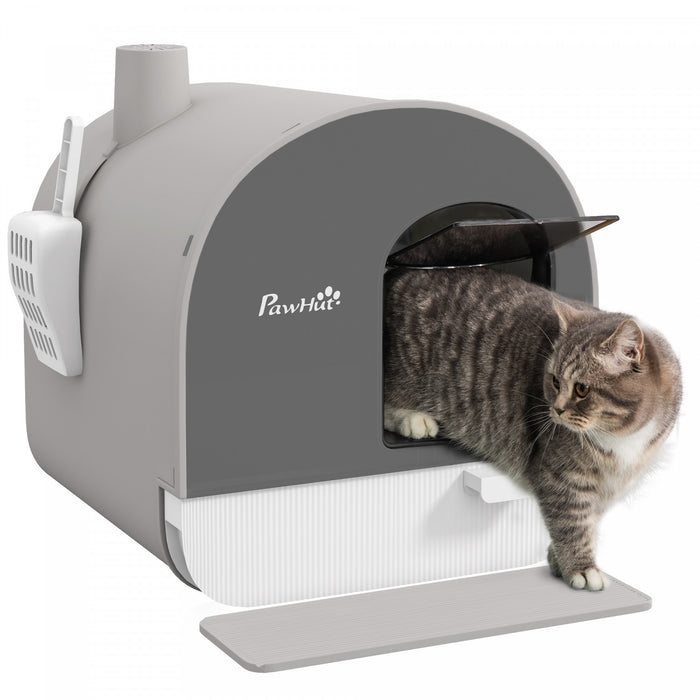 Pawhut Bac A Litiere Pour Chat Avec Couvercle, Bac A Litiere Ferme Pour Chat Avec Plateau Amovible, Pelle, Filtre, Gris Clair