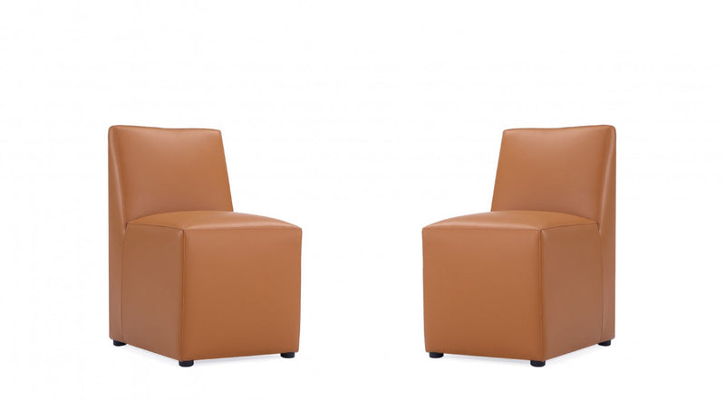 Chaise de salle a manger moderne en cuir vegetalien Anna Square, couleur brun selle - Lot de 2