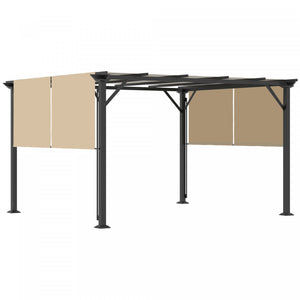 Outsunny 12' X 10' Pergola De Jardin Patio Exterieur Avec Toit Coulissant Cadre En Acier Avec Piquets Et Design Unique