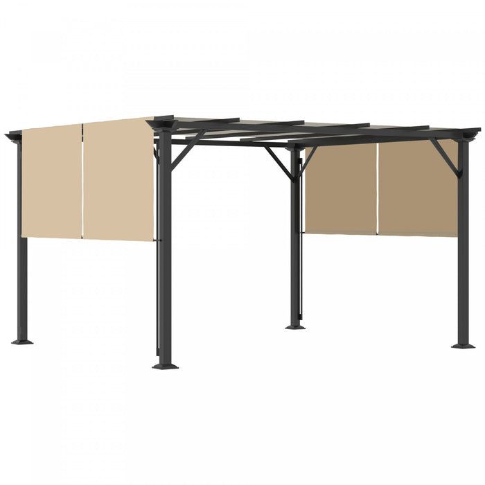 Outsunny 12' X 10' Pergola De Jardin Patio Exterieur Avec Toit Coulissant Cadre En Acier Avec Piquets Et Design Unique