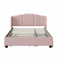 Lit plateforme Jean rembourre avec tete de lit a oreilles et tiroirs de rangement, taille queen, rose