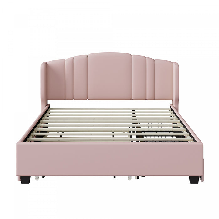 Lit plateforme Jean rembourre avec tete de lit a oreilles et tiroirs de rangement, taille queen, rose