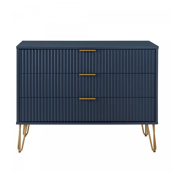 Commode moderne Dumbo 35\" a cannelures en bleu minuit (3 tiroirs)