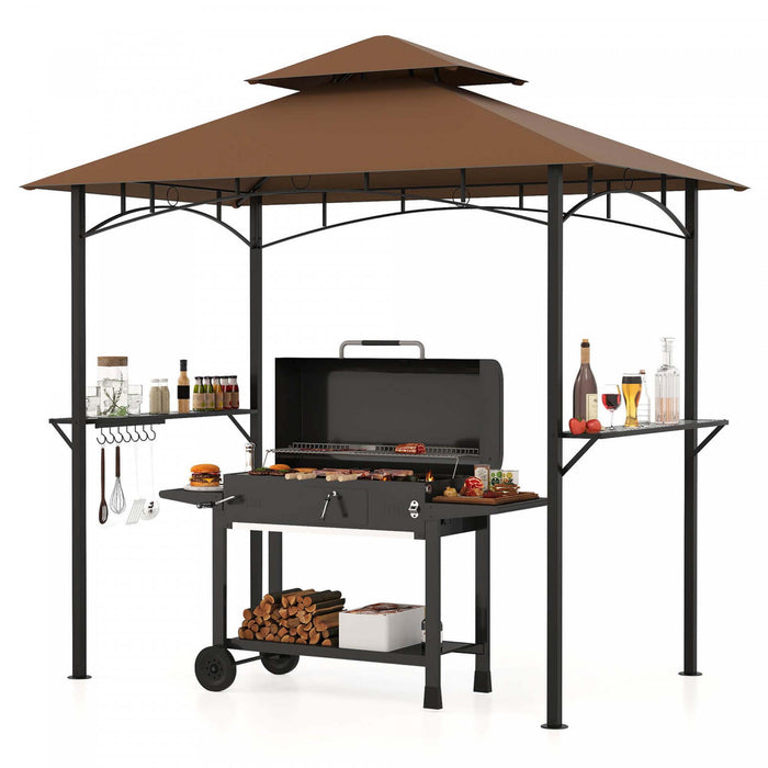 Costway 8’ X 5’ Grill Gazebo Avec 2 Etageres 7 Crochets Cadre En Metal Soft Top Brun