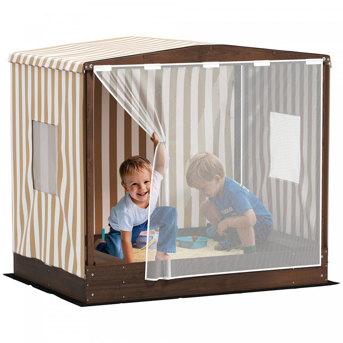 Qaba Bac a sable pour enfants avec auvent entierement couvert, bac a sable en bois avec banquettes et doublure inferieure, ensemble de jeu de plage pour enfants de 3 a 6 ans