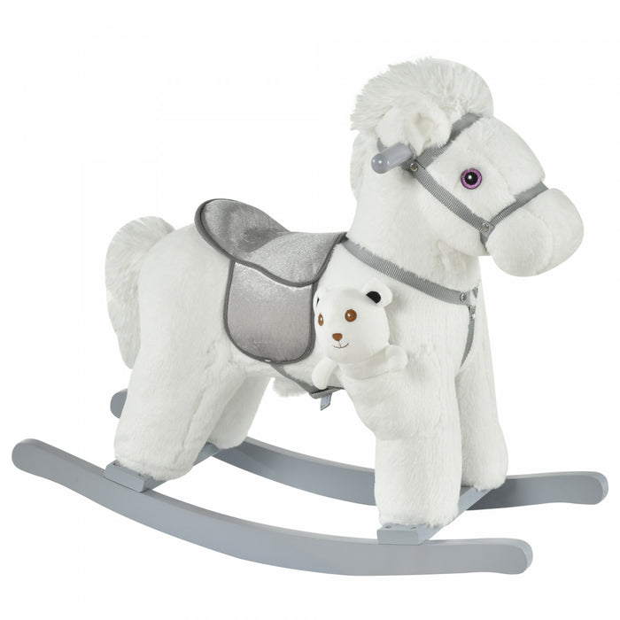 Qaba Kids Cheval A Bascule En Peluche Avec Ours, Chaise Pour Enfants Avec Peluche Douce Et Sons Realistes Amusants, Blanc