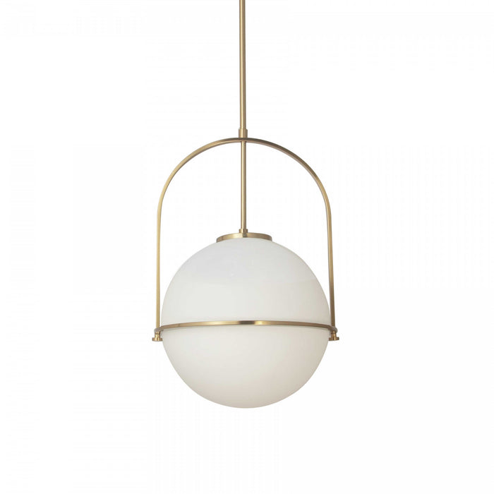 Petit luminaire suspendu Paola de Dainolite en verre blanc opale, avec fini laiton vieilli et 1 ampoule