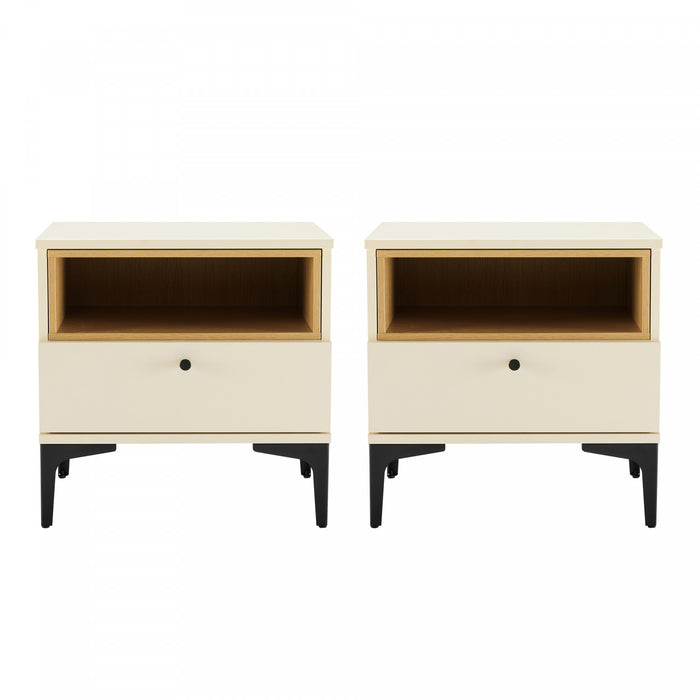 Table de nuit moderne Amara 20\" en creme et chene clair (1 tiroir) - Lot de 2