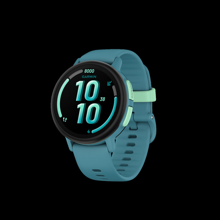 Montre intelligente Garmin Bounce 2 Turquoise pour enfants - Suivi d'activite, communication bidirectionnelle, mises a jour meteo, alarmes chronometre, fonction d'assistance, defis familiaux
