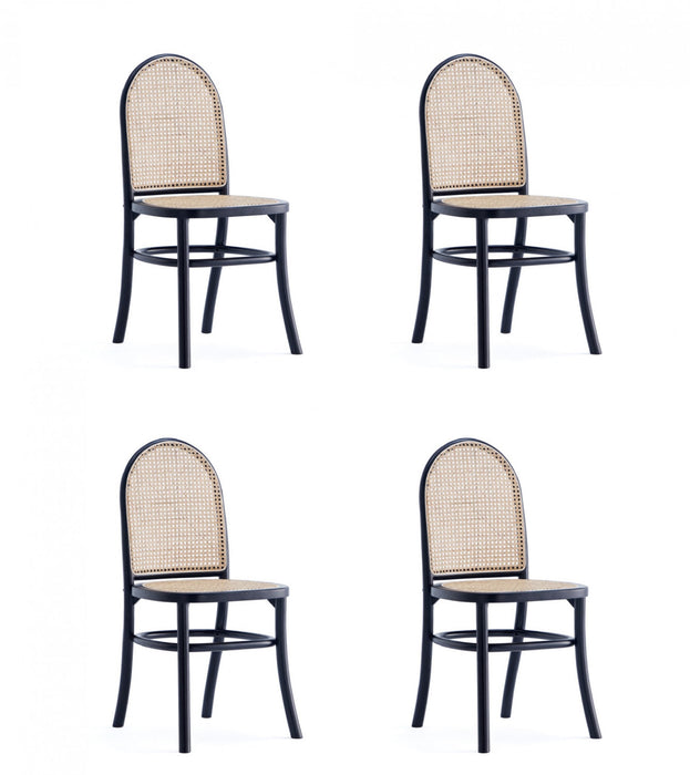 Chaise de salle a manger Paragon Industry Chic avec dossier en cannage, bois et assise rembourree, noir et gris - Lot de 4