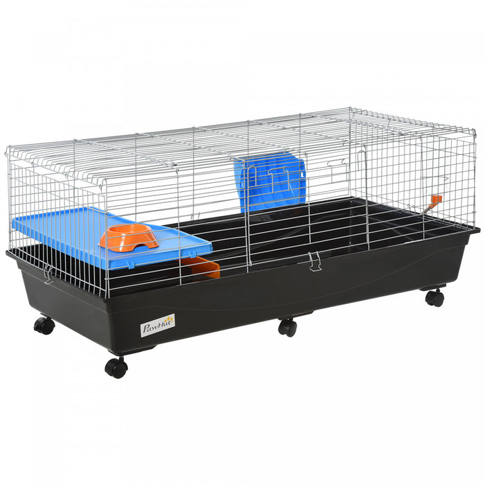 Pawhut Cage Pour Petits Animaux De 47\", Cage A Lapin Roulant, Cage Pour Cochon D'inde Avec Plat De Nourriture, Bouteille D'eau, Mangeoire A Foin, Rampe Pour Furet Chinchilla, Noir