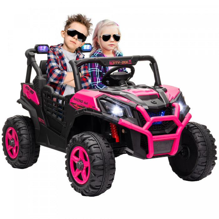 Qaba Voiture Electrique 2 Places Pour Enfants, Alimentee Par Batterie 24 V, Avec Telecommande, 3 Vitesses, Lumieres Led, Musique, Klaxon, Suspension A Ressort Pour 3 A 8 Ans, Rose