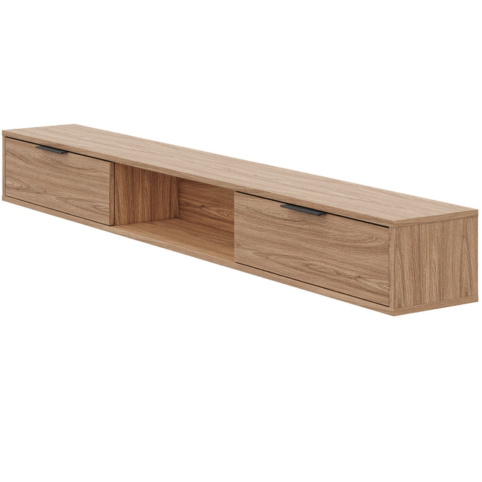 Meuble pour téléviseur mural mince Nordika de 72 po avec 2 armoires de rangement - noyer clair