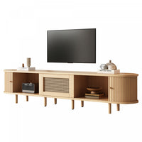 Lucas meuble TV – meuble multimedia avec tiroir en rotin et portes coulissantes, finition naturelle