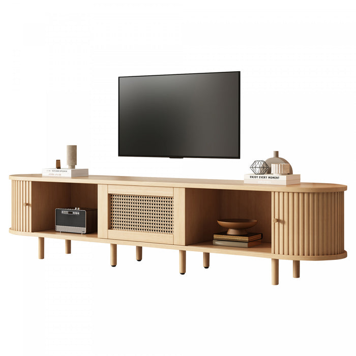 Lucas meuble TV – meuble multimedia avec tiroir en rotin et portes coulissantes, finition naturelle