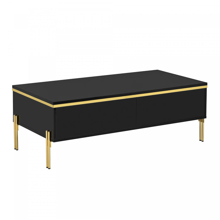 Lustra Table Basse Moderne Haute Brillance 39.4 po avec Double Tiroirs et Accents Dores, Noir