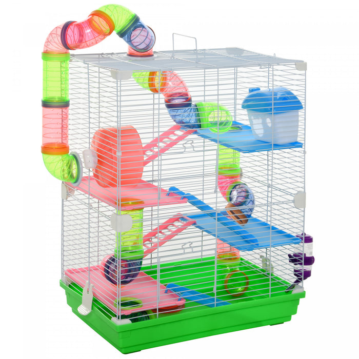 Pawhut Cage A Hamster A 5 Etages Portable Pour Animal De Compagnie Avec Roues D'exercice Tube De Jeu Bouteille D'eau Vaisselle Maison Echelle Pour Souris Gerbilles Vert