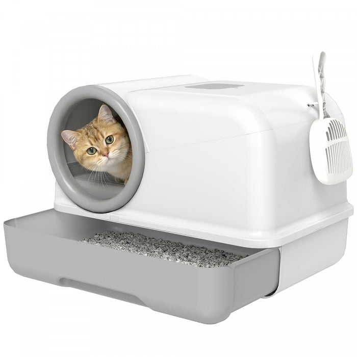 PawHut Bac a litiere pour chat avec couvercle, plateau coulissant, pelle incluse et sachets de deodorisation, blanc et gris