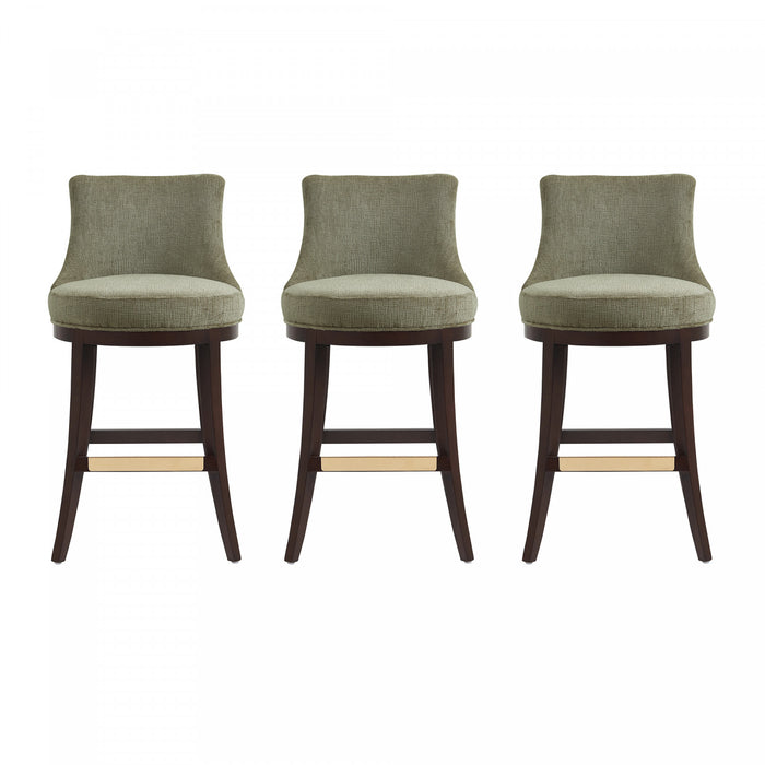 Tabouret de bar moderne Lucia en bois et chenille, revetement vert feuille - Lot de 3
