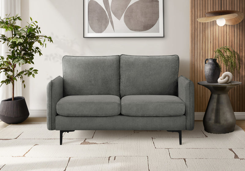 Causeuse Rembourre, 58\" L, Tissu Gris Fonce, Pieds En Metal Noir