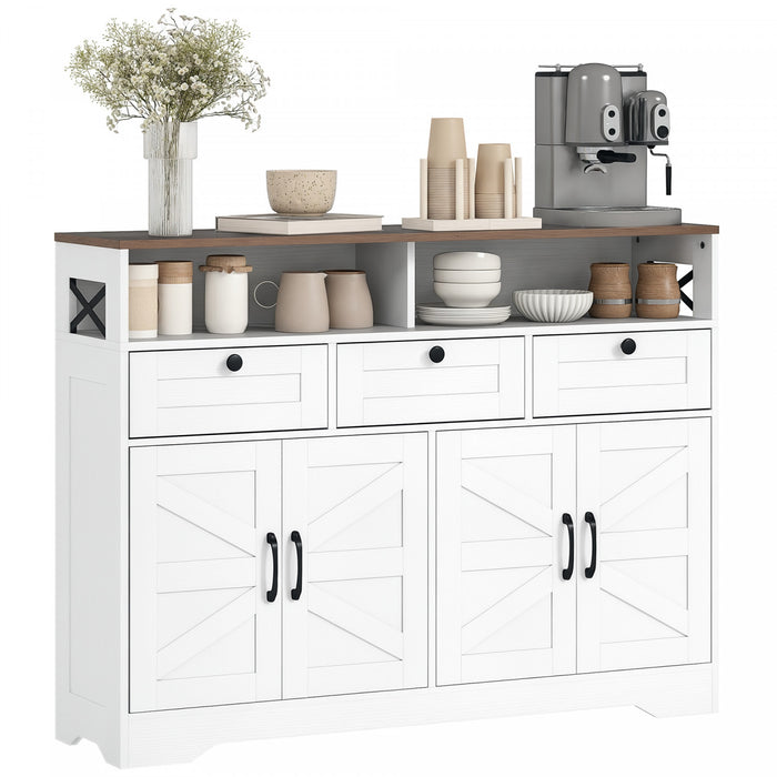 HOMCOM Buffet avec 4 portes de grange et 3 tiroirs, blanc