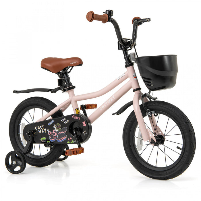 Costway 14\" Velo Pour Enfants Avec Roues D'entrainement Guidon Reglable Et Frein A Main De Siege Rose