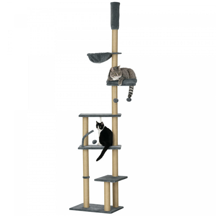 Arbre A Chat Pawhut, Hauteur Reglable De 230 A 250 Cm, Avec Griffoir, Balles Suspendues, Plateformes, Lit Et Hamac, Gris